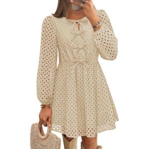 imageZESICA Womens Long Sleeve Mini Dress 2025 Fall Crewneck Tie Front Hollow Out Eyelet Babydoll A Line Short DressesApricot