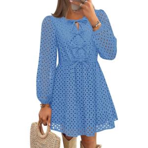 imageZESICA Womens Long Sleeve Mini Dress 2025 Fall Crewneck Tie Front Hollow Out Eyelet Babydoll A Line Short DressesBlue