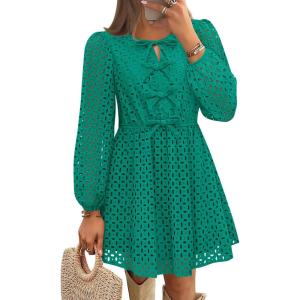 imageZESICA Womens Long Sleeve Mini Dress 2025 Fall Crewneck Tie Front Hollow Out Eyelet Babydoll A Line Short DressesGreen