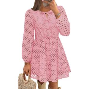 imageZESICA Womens Long Sleeve Mini Dress 2025 Fall Crewneck Tie Front Hollow Out Eyelet Babydoll A Line Short DressesPink