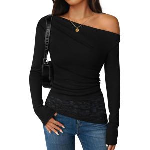 imageZESICA Womens Long Sleeve Off Shoulder Tops Fall 2025 Casual Boat Neck Lace Slim Fit Going Out Y2k Shirts BlousesBlack