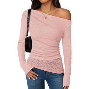 imageZESICA Womens Long Sleeve Off Shoulder Tops Fall 2025 Casual Boat Neck Lace Slim Fit Going Out Y2k Shirts BlousesPink