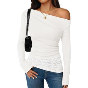 imageZESICA Womens Long Sleeve Off Shoulder Tops Fall 2025 Casual Boat Neck Lace Slim Fit Going Out Y2k Shirts BlousesWhite