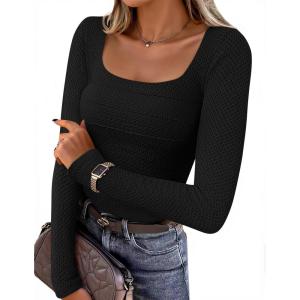 imageZESICA Womens Long Sleeve Shirts 2025 Fall Fashion Square Neck Slim Fit Basic Going Out Tops Trendy OutfitsBlack
