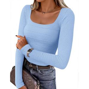 imageZESICA Womens Long Sleeve Shirts 2025 Fall Fashion Square Neck Slim Fit Basic Going Out Tops Trendy OutfitsBlue