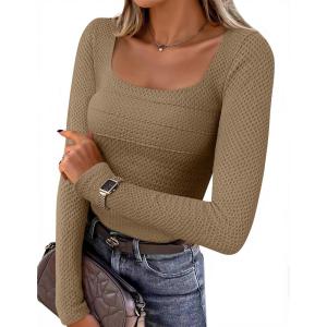 imageZESICA Womens Long Sleeve Shirts 2025 Fall Fashion Square Neck Slim Fit Basic Going Out Tops Trendy OutfitsKhaki
