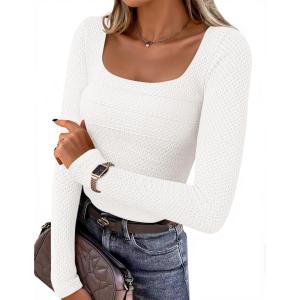 imageZESICA Womens Long Sleeve Shirts 2025 Fall Fashion Square Neck Slim Fit Basic Going Out Tops Trendy OutfitsWhite