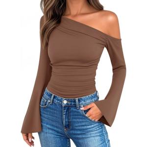 imageZESICA Womens Off Shoulder Tops Bell Long Sleeve Shirts 2025 Fall Trendy Going Out Ruched Tight Fitted Y2K ClothesBrown