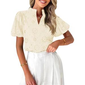 imageZESICA Womens Summer Short Puff Sleeve Shirts 2025 V Neck Casual Hollow Out Lace Embroidered Blouse TopsApricot