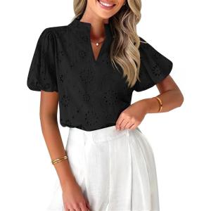 imageZESICA Womens Summer Short Puff Sleeve Shirts 2025 V Neck Casual Hollow Out Lace Embroidered Blouse TopsBlack