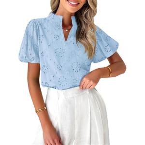 imageZESICA Womens Summer Short Puff Sleeve Shirts 2025 V Neck Casual Hollow Out Lace Embroidered Blouse TopsBlue
