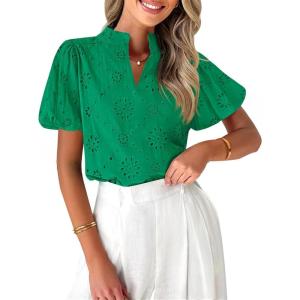 imageZESICA Womens Summer Short Puff Sleeve Shirts 2025 V Neck Casual Hollow Out Lace Embroidered Blouse TopsGreen