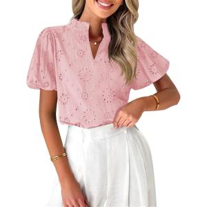 imageZESICA Womens Summer Short Puff Sleeve Shirts 2025 V Neck Casual Hollow Out Lace Embroidered Blouse TopsPink