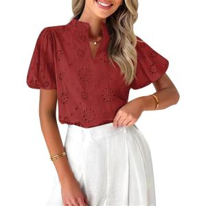 imageZESICA Womens Summer Short Puff Sleeve Shirts 2025 V Neck Casual Hollow Out Lace Embroidered Blouse TopsRed Brown