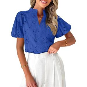 imageZESICA Womens Summer Short Puff Sleeve Shirts 2025 V Neck Casual Hollow Out Lace Embroidered Blouse TopsRoyal Blue