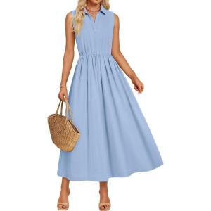 imageZESICA Womens Summer Sleeveless Work Midi Dress 2025 V Neck Casual Swing Office Dresses with PocketsBlue