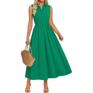 imageZESICA Womens Summer Sleeveless Work Midi Dress 2025 V Neck Casual Swing Office Dresses with PocketsGreen