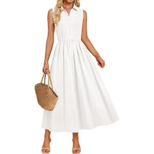 imageZESICA Womens Summer Sleeveless Work Midi Dress 2025 V Neck Casual Swing Office Dresses with PocketsWhite