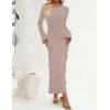 imageZESICA Fall Party Maxi Dresses for Women 2025 Trendy Long Sleeve Lightweight Sweater Dress with 3D Floral AppliqusKhaki
