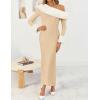 imageZESICA Womens 2025 Fall Off Shoulder Sweater Dress Formal Long Sleeve Faux Fur Knit Bodycon Side Slit Maxi DressesApricot