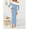 imageZESICA Womens 2025 Fall Off Shoulder Sweater Dress Formal Long Sleeve Faux Fur Knit Bodycon Side Slit Maxi DressesBlue