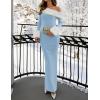 imageZESICA Womens 2025 Fall Off Shoulder Sweater Dress Formal Long Sleeve Faux Fur Knit Bodycon Side Slit Maxi DressesBlue