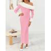 imageZESICA Womens 2025 Fall Off Shoulder Sweater Dress Formal Long Sleeve Faux Fur Knit Bodycon Side Slit Maxi DressesPink
