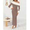 imageZESICA Womens 2025 Fall Off Shoulder Sweater Dress Formal Long Sleeve Faux Fur Knit Bodycon Side Slit Maxi DressesSand