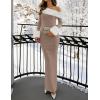 imageZESICA Womens 2025 Fall Off Shoulder Sweater Dress Formal Long Sleeve Faux Fur Knit Bodycon Side Slit Maxi DressesSand