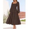 imageZESICA Womens Fall Long Sleeve Maxi Dresses 2025 Square Neck Hollow Out Eyelet Smocked A Line Boho Wedding Guset DressCoffee