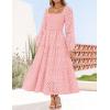 imageZESICA Womens Fall Long Sleeve Maxi Dresses 2025 Square Neck Hollow Out Eyelet Smocked A Line Boho Wedding Guset DressPink