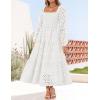 imageZESICA Womens Fall Long Sleeve Maxi Dresses 2025 Square Neck Hollow Out Eyelet Smocked A Line Boho Wedding Guset DressWhite