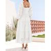 imageZESICA Womens Fall Long Sleeve Maxi Dresses 2025 Square Neck Hollow Out Eyelet Smocked A Line Boho Wedding Guset DressWhite