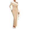 imageZESICA Womens 2025 Fall Off Shoulder Sweater Dress Formal Long Sleeve Faux Fur Knit Bodycon Side Slit Maxi DressesApricot