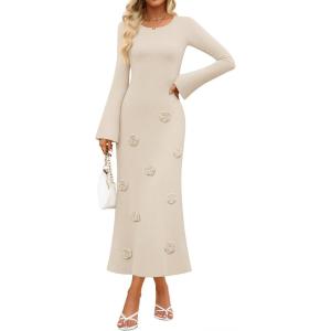imageZESICA Fall Party Maxi Dresses for Women 2025 Trendy Long Sleeve Lightweight Sweater Dress with 3D Floral AppliqusApricot