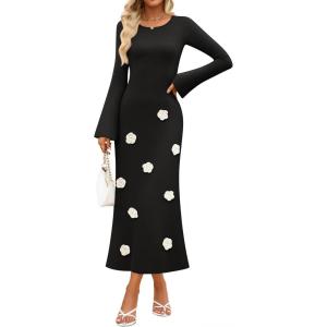 imageZESICA Fall Party Maxi Dresses for Women 2025 Trendy Long Sleeve Lightweight Sweater Dress with 3D Floral AppliqusBlack