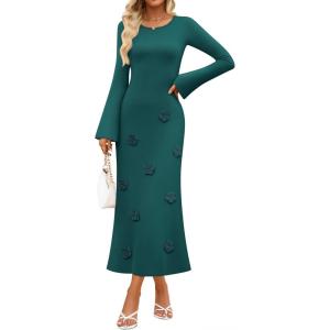 imageZESICA Fall Party Maxi Dresses for Women 2025 Trendy Long Sleeve Lightweight Sweater Dress with 3D Floral AppliqusGreen