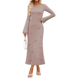 imageZESICA Fall Party Maxi Dresses for Women 2025 Trendy Long Sleeve Lightweight Sweater Dress with 3D Floral AppliqusKhaki