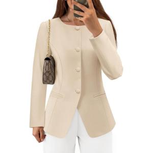 imageZESICA Womens Business Casual Blazers 2025 Fall Long Sleeve Button Down Suit Jackets Open Front Work Blazer with PocketKhaki