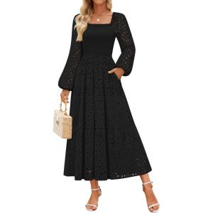 imageZESICA Womens Fall Long Sleeve Maxi Dresses 2025 Square Neck Hollow Out Eyelet Smocked A Line Boho Wedding Guset DressBlack