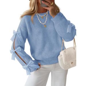 imageZESICA Womens Fall Oversized Bow Sweaters 2025 Casual Crew Neck Knit Long Sleeve Pullover Tops Winter Trendy OutfitsBlue