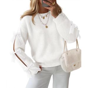 imageZESICA Womens Fall Oversized Bow Sweaters 2025 Casual Crew Neck Knit Long Sleeve Pullover Tops Winter Trendy OutfitsWhite