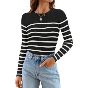 imageZESICA Womens Long Sleeve Crewneck Striped Shirts Spring Ribbed Knit Sweater Slim Fitted Casual Basic Tee TopsBlack