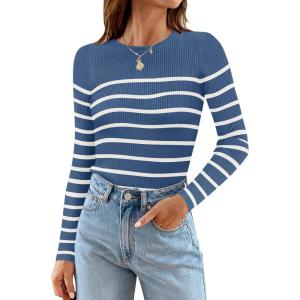 imageZESICA Womens Long Sleeve Crewneck Striped Shirts Spring Ribbed Knit Sweater Slim Fitted Casual Basic Tee TopsDarkblue