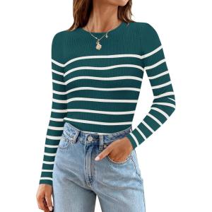 imageZESICA Womens Long Sleeve Crewneck Striped Shirts Spring Ribbed Knit Sweater Slim Fitted Casual Basic Tee TopsTeal