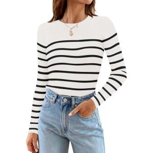 imageZESICA Womens Long Sleeve Crewneck Striped Shirts Spring Ribbed Knit Sweater Slim Fitted Casual Basic Tee TopsWhite