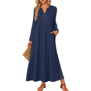 imageZESICA Fall Long Sleeve Dressy Casual Maxi Dresses for Women 2025 Elegant Classy V Neck Flowy Tshirt Dress with PocketsNavy