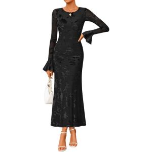 imageZESICA Womens 2025 Bell Long Sleeve Floral Maxi Dress Fall Fashion Bodycon Mesh Wedding Guest Cocktail Party DressesBlack