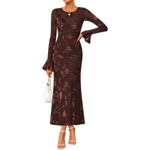 imageZESICA Womens 2025 Bell Long Sleeve Floral Maxi Dress Fall Fashion Bodycon Mesh Wedding Guest Cocktail Party DressesCoffee