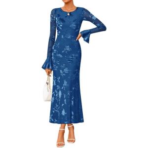 imageZESICA Womens 2025 Bell Long Sleeve Floral Maxi Dress Fall Fashion Bodycon Mesh Wedding Guest Cocktail Party DressesDarkblue